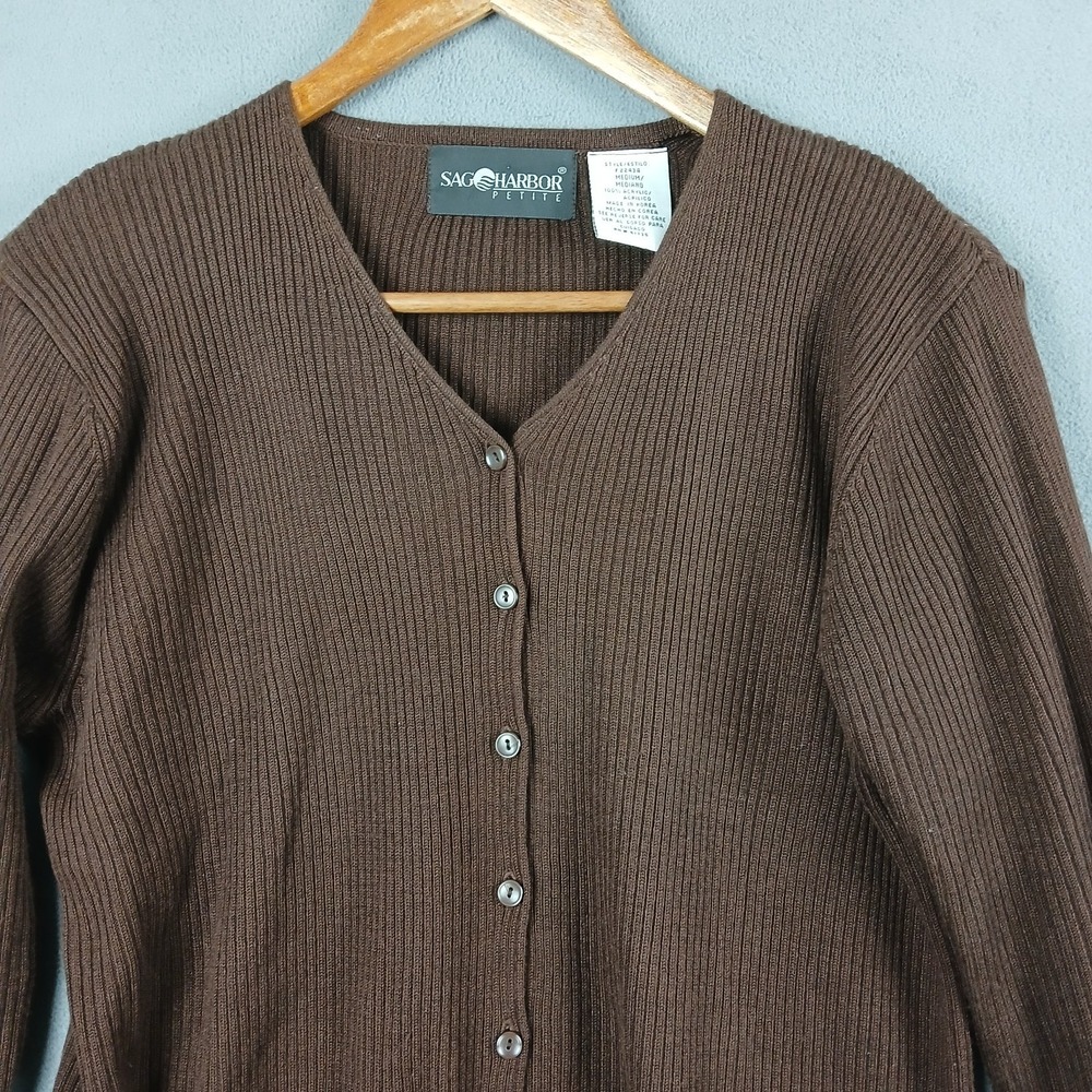 Sag Harbor Cardigan Sweater Womens Medium Petite Brown Acrylic Tight Knit V Neck - Picture 3 of 7